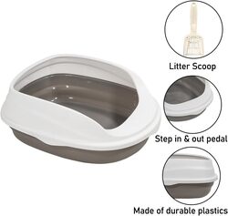 Cat litter box semi-enclosed toilet Sandbox with litter scoop, Suitable for medium and large cats, Easy to clean high side, Anti splash, Open large design 44 cm L (Gray and White Color)